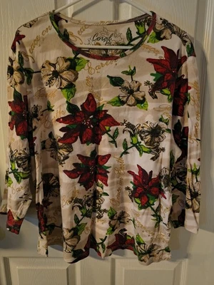 Coral Bay Christmas Top Size 1X P2P 25 LENGTH 25.5 Long Sleeve Sequin Poinsettia - Image 1 of 4