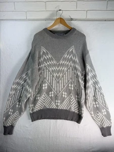 Vintage J J Cochran Sweater Mens XL Gray White Aztec Geometric Knit Pullover 90s - Picture 1 of 5
