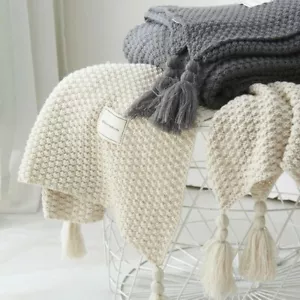 Knitted Blanket Tassel Fringe Bed Sofa Couch Throw Pom Pom Warm Winter Soft Cosy - Picture 1 of 19