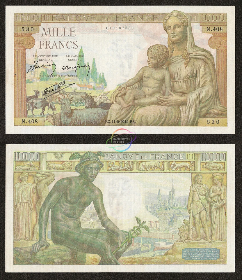 FRANCE 1,000 1000 Francs 1942 P-102 AUNC Almost Uncirculated w/H - Image 1 of 3