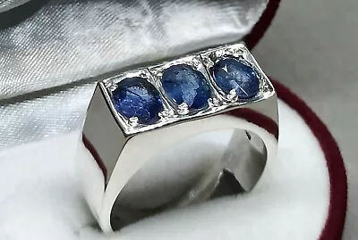 Natural 6 Ct Three Blue Sapphire Sterling Silver 925 Handmade Neelam Mens Ring - Image 1 of 4