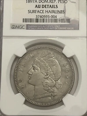 DOMINICAN Republic 1 peso 1897 A NGC AU Details Beautiful Crown Silver Scarce - Image 1 of 3