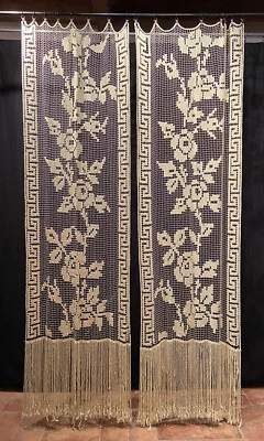 Antica Coppia Di Tende Liberty Filet A Mano 280x80cm Ogni Pannello - Immagine 1 di 4