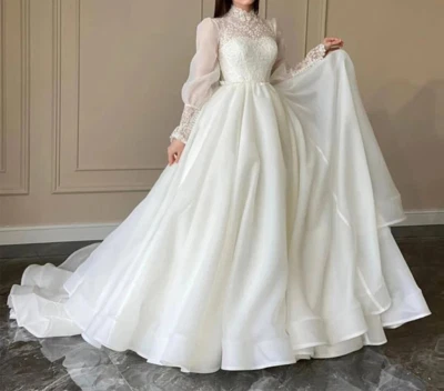 Elegant High Neck Wedding Dresses Long Sleeves Lace A-Line Bridal Gowns Train  - Image 1 of 4