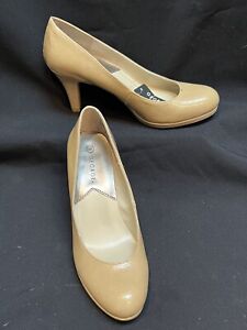 “George “ size 8, Beige Patent Leather Pumps With 3” Heel. Very Well Padded