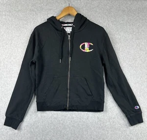 Champion Girl’s Kids Youth Black Floral Logo Zip Up Drawstring Hoodie Jacket (M) - Picture 1 of 18