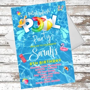 PERSONALISED POOL PARTY INVITATIONS SPLASH BIRTHDAY INVITES INCLUDES ENVELOPES - Picture 1 of 1