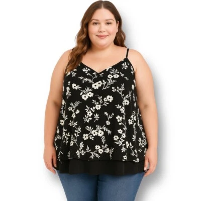 Regata Torrid 2X Preta Branca Floral Camadas Sem Mangas Flowy Boho Romântica - Imagem 1 de 4