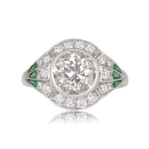 Art Deco Round Cut Moissanite & Emerald 14K White Gold Finish Engagement Ring - Picture 1 of 7