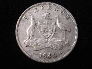 Australian 1948 Sixpence Coin KGVI Birthday Gift Antique Silver - Foto 1 di 2