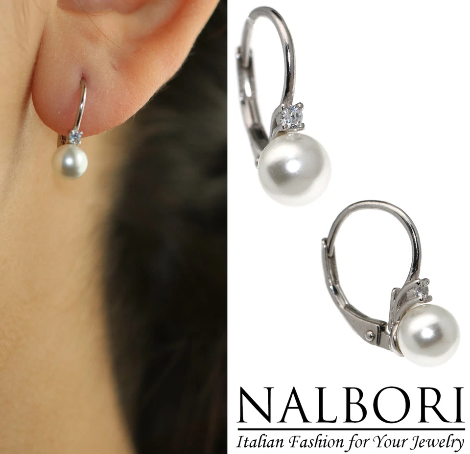 orecchini tutto vero argento 925 monachella perla chiara e punto luce brillante - Immagine 1 di 4
