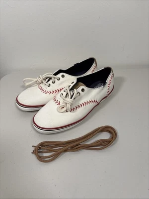 Keds Baseball Themed Sneakers Womens 6 White Red Stitching Camel Color Laces - Image 1 of 4