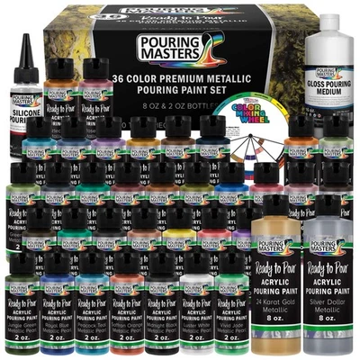 POURING MASTERS 36-Color Metallic Ready to Pour Acrylic Pouring Paint Set, Silicone Oil & Gloss