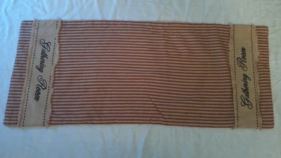 Vintage Gathering Room Table Runner Beige Red Stripes Blue Text 33” Cotton - Image 1 of 2