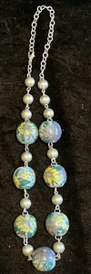Boho Perlenkette blau, grün, flieder emailliertes Glas floral silberfarben Kette - Bild 1 von 4