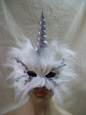 White Unicorn Feather Mask Silver Horn Fantasy Magical Being Woodland Forest NEW - Image 1 of 4
