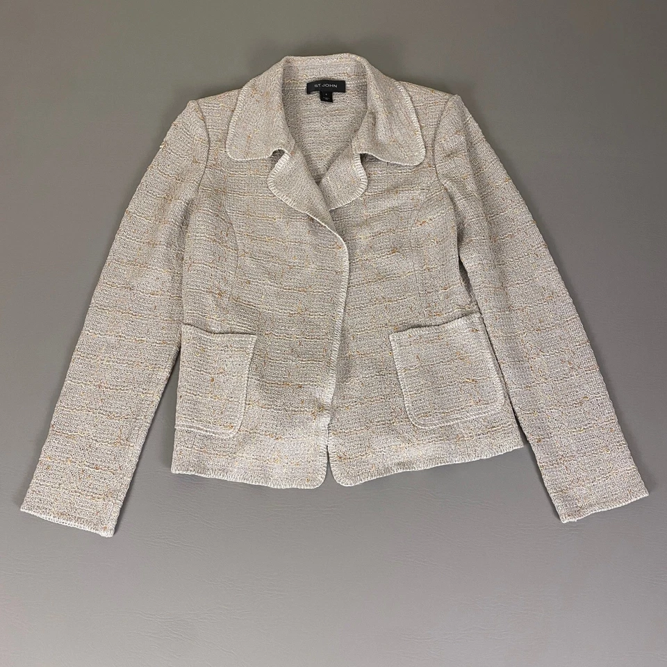 Chaqueta Blazer St. John Tejida Dorada Metálica Tweed Carrera Talla 6 Beige Frente Abierto Foto 1 de 4