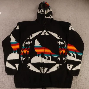 Camptex Hoodie Mens XL Black Coyote 100% Wool Sweatshirt Full Zip Western Aztec - Picture 1 of 11