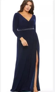 Mac Duggal Beaded Belt Jersey Faux Wrap Gown 67899 Midnight 16w - Picture 1 of 5