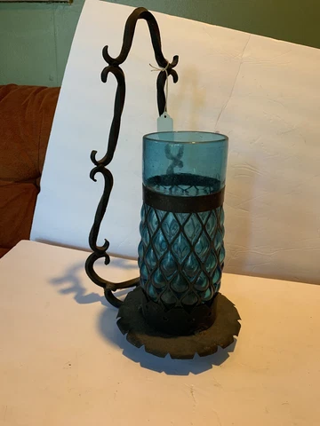 Boho 70s Lantern Sconce Wrought Iron Blue Glass Hurricane Vintage Mexico Cover
