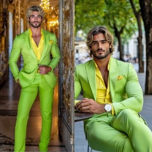 Solid Color Green Men's Suits Slim Fit 2 Pieces Groom Wedding Formal Jacket Pant - Picture 1 of 20