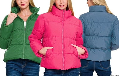 Casaco ZENANA 7231 casual acolchoado com zíper gola alta bolsos outono inverno - Imagem 1 de 4