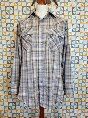 Vintage Mens Shirt 80's Levi's Western Blue Brown Check L/S Cowboy Ranch Large - Image 1 of 4