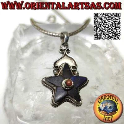 Ciondolo in argento 925‰ stella di lapislazzuli con corallo naturale antico cent - Immagine 1 di 4