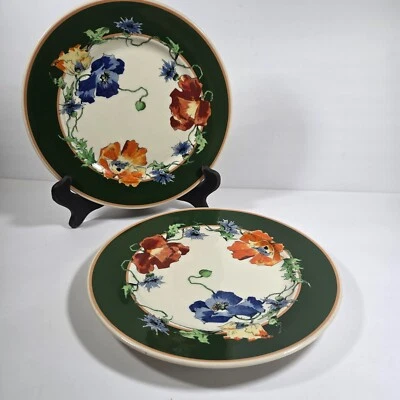 2 pratos de jantar Syracuse Nature Study "Papoulas" 10 1/2" borda verde e dourada - Imagem 1 de 4