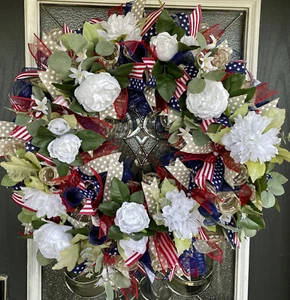 Garden Americana Floral Patriotic Door Deco Mesh Wreath, 4th of July Flag Ribbon - Picture 1 of 6