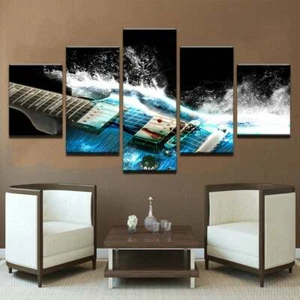 Multi Panel Print Blue Electric Guitar Canvas Wall Art 5 Piece Music Man Cave - Picture 1 of 12