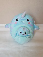 NWT Squishmallows River the Narwhal & Baby in Pouch  8.5" & 4.5" Pocket Plush