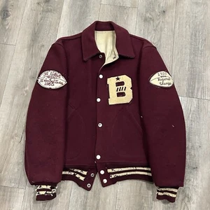 Vintage 1940s Letterman Jacket Mens 40 Maroon Wool Distressed Satin Lined Texas - Picture 1 of 13