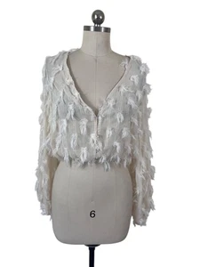 Shein Blouse Womens Medium Ivory Sheer Metallic Fringe Fairy Cottage Glam City - Picture 1 of 11