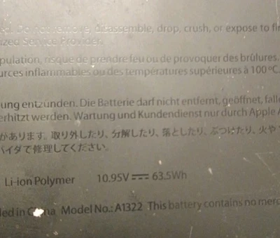 Batería A1322 MacBook Pro 020-6764-1 63,5 Wh para finales de 2013 Foto 1 de 4