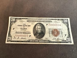 1929 $20 Federal Reserve Note Atlanta Georgia Brown Seal - Picture 1 of 8