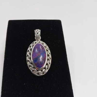 Hermoso colgante de plata de ley 925 ovalado púrpura turquesa firmado NK Foto 1 de 4