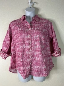 Westbound Womens Plus Size 2X Pink Zigzag Cotton Button-Up Shirt 3/4 Sleeve - Picture 1 of 6