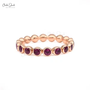 Bezel Set 2.5mm Round Cut Natural Ruby 14k Rose Gold Eternity Band Stacking Ring - Picture 1 of 12