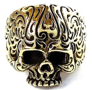 GOTHIC TATTOO SKULL GOLD BRASS MEN'S RING - Picture 1 of 9