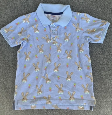 Gymboree Boy 5T 5 Pique Polo Shirt Blue Easter Bunny Rabbit Carrot Spring Button - Image 1 of 4