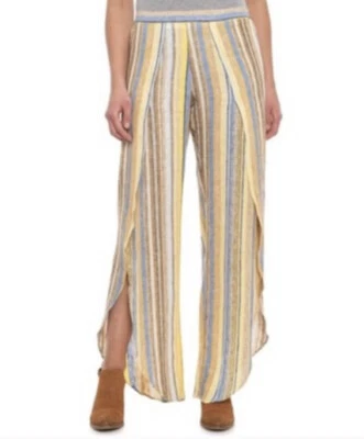 Drew Pants XS Yellow Blue Brown Striped Whitney Wide Leg Tulip Linen Blend - Image 1 of 4