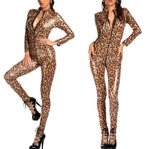 Sexy Zipper Body Overall Glänzend Wetlook Leopard Leder Bodysuit Dessous Catsuit