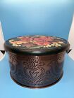 VINTAGE FOLK ART COPPER PUNCHED COOKIE KEEPER WSIGNED HANDPAINTED WOODEN LID