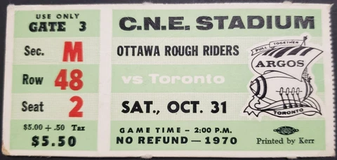1970 C.N.E. Stadium Ottawa Rough Riders vs Toronto Argonauts CFL Football Cover