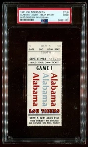 BEAR BRYANT LAST GAME/WIN IN LOUISIANA - PSA TICKET 1981 ALABAMA - Bild 1 von 2