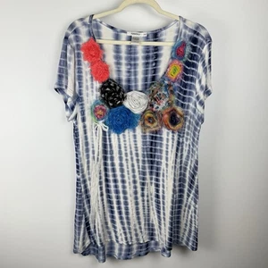 Feratelli Tunika Top Band Rosetten Damen L blau weiß Batik Kunst zum Tragen - Bild 1 von 9