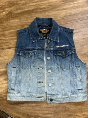 Harley Davidson Embroidered Ombre Denim Motorcycle Jean Button Vest Women’s Sz S - Image 1 of 4