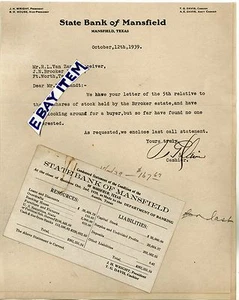 1939 TX Briefpapier STATE BANK OF MANSFIELD Texas T G Davis J H Wright S O House - Bild 1 von 1