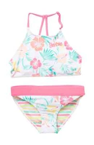 Roxy 14 Girls X Barbie 2 Pc  Crop Top Bikini Swimsuit White Pink Hibiscus  - Picture 1 of 2
